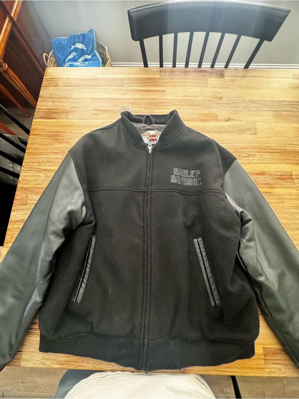 Vintage Harley-Davidson Black Merino Wool and Leather Varsity Jacket